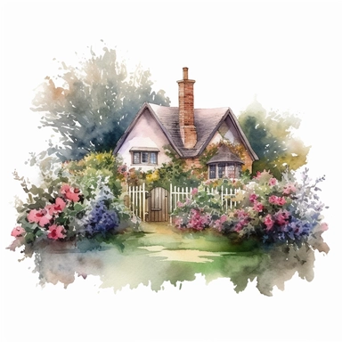 watercolour English cottage garden with a mix of colorful flowers and hedges plain background a png image that can be used as clipart