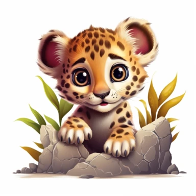 cute leopard cub, peeking out from behind a rock, bold colors, clipart, on a white background