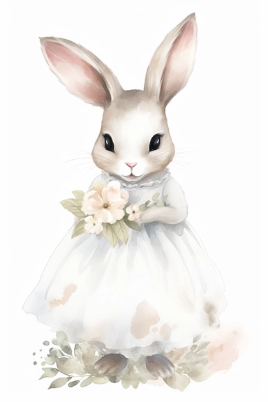 Watercolor Clipart, A cute baby bunny in a wedding dress, isolated white background