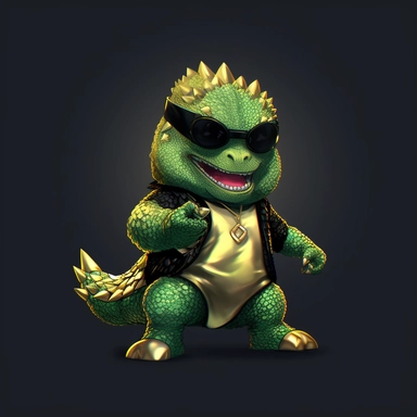 baby Godzilla, looks like Michael Jackson, doing dance steps, wearing a miami heat basketball jersey, wearing a gold pendant with a gold bitcoin on it, wearing hip hop style black satin pants and a green iridescent silk shirt, techno lighting, clipart on plain background