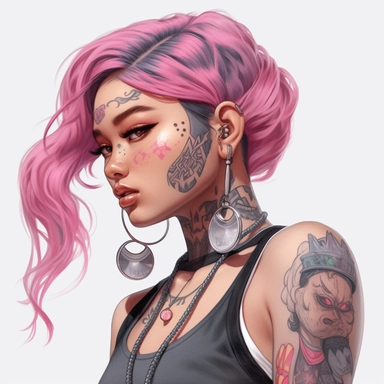 asian girl aesthetics, clipart, high detail, cute, Large hoop earrings, pink hair, Tattoos (dragons), long lashes, Coffin nails, Tube tops, Baggy sweatpants, Shiny lipstick, Digital Art, Color Grading, Full-HD, OpenGL-Shaders, white background