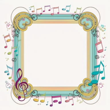 musical border frame, cute music border, clipart frame border, cute, vector image, white background, partially colored, coloring book style, cartoon, childish, pink, periwinkle, lite blue, teal, purple, golden, gold color, black and white, coloring book, simple, line art, character, white background,