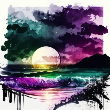 Purple Black Green Mix Leonid Afremov Style Watercolor Beach Ocean Retro Sunset Clipart, Colorful and white Background