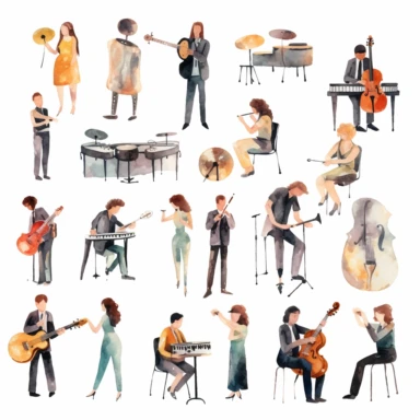 watercolor, Musicians of band or orchestra with musical instruments set vector illustration. Cartoon male and female talent artists playing drum guitar piano flute saxophone violin on show png Full body realistic cartoon in 32K UHD cute. 15 cm thick outline. Black color. There was no shadow on the ground. 8k with realistic watercolors and detailed illustrations. PNG clipart, transparent white background