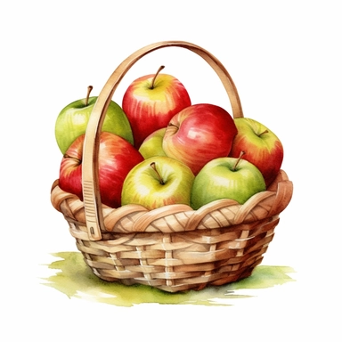 watercolor green and red apples basket clipart, white background, realistic with high details, beautifully colored with strong palette pastel colors, 32k hd, detailed quality