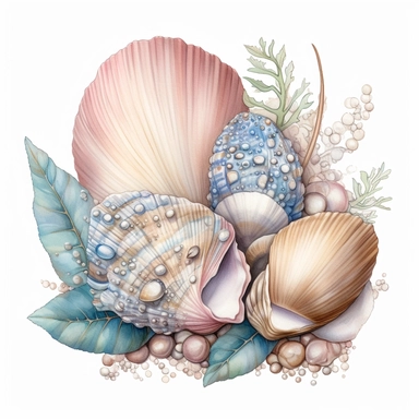 Watercolored pencil style illustration, boho style fantasy seashells with pearls and leaves, pink, beige and blue silver, isolated on a white background, PNG file clipart style, Dennis Wojtkiewicz, Amanda Clark, Lowell Herrero,