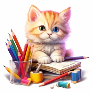 Isometric illumination of ultra realistic cute kitten in vibrant colors sitting in classroom, spaced out, sublimation clipart, watercolors and pencil style, isolated on white, ultra - detailed, high quality, ghibli style, award winning, soft realism, chiaroscuro, firecore, massurrealism, cute cartoonish designs, iconic, white background( relaxed, stealth)