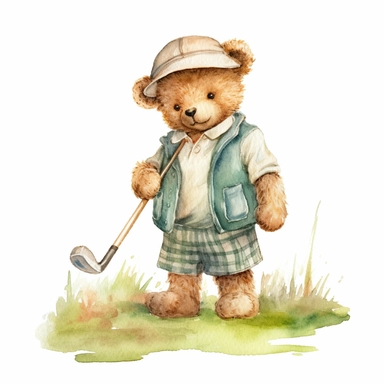 cute teddy bear wearing vintage golf clothes and playing golf on a golf course on a great sunny day in Florida. Sublimation graphics, by Beatrix Potter, Watercolor clipart, single design, print on demand image, no watermark, PNG transparent background, white background, 8k