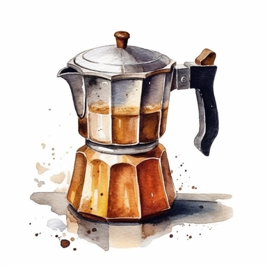 watercolor painting of moka coffee, very detailed, Clipart ,Cartoon,hyper realistic, intricate detail, illustration style,high solution,on the white background