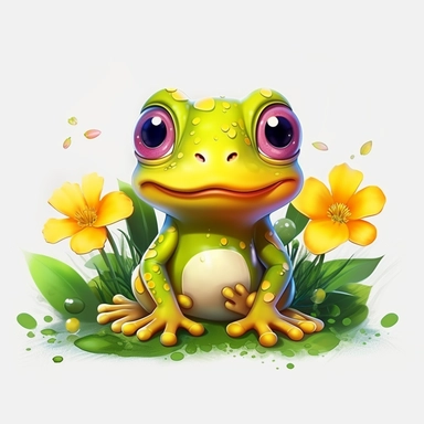 cute yellow frog with big round eyes flowers, Illustration clipart, 4K, extremely detailed