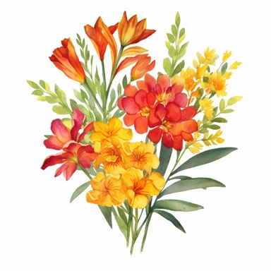 Design a dreamy watercolor clipart of a Bouquet of vibrant orange, red, and yellow flowers arranged in a wild and untamed style composition, hand-painted with soft and graceful brushstrokes. Draw inspiration from the artistic finesse of Ethereal Petals Watercolors for a refined and ethereal depiction. isolated on a white background, hand-drawn illustration, hand-painted watercolor texture, 16k UHD resolution, intricately detailed, sharp focal points, designed by Ana Victoria Calderon and Holly E