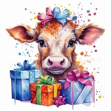 please create watercolor clipart of a baby cow, smiling, wearing party clothes with birthday presents, vibrant colors, intricate details, isolated on white background, vivid colors, hdr, 8k