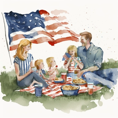 A clipart of a family having a picnic with the American flag in the background , Watercolor, Clipart, transparent background PNG