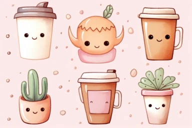minimalistic clipart set five watercolor clipart, latte paper cup, Cute kawaii sticker