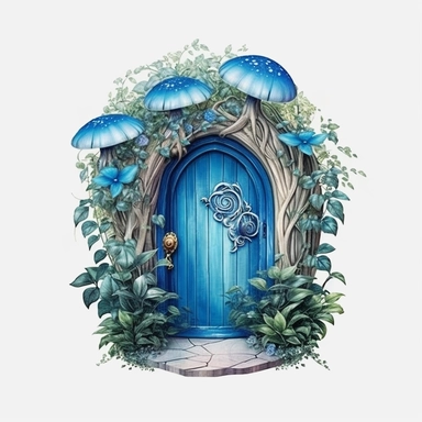 Watercolour beautiful azure blue realistic forest fairy door with realistic perfectly detailed forest leaves beautiful realistic details perfect forest fairy door magnificent details beautiful compelling realistic PNG image,ultra highly detailed, 18k, sharp focus, bright photo with pastel colours digitally enhanced, enhanced graphics, straight, sharp focus, bright lighting, intricate detailed png image ,high definition,300dpi,graphic clipart,computer graphics