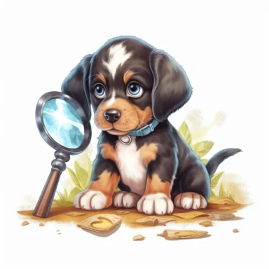 Picture a curious clipart puppy with a magnifying glass, investigating a trail of paw prints, as if on a detective adventure, against a white background.