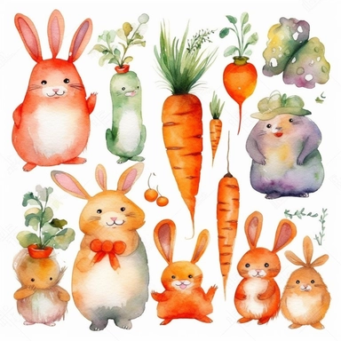 Watercolor Carrot Clipart - digital png carrots, rabbits and cake graphics, single element