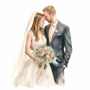Watercolour of a bride and groom , Clipart,Cartoon,hyper realistic, intricate detail, illustration style,high resolution, isolated on a white background
