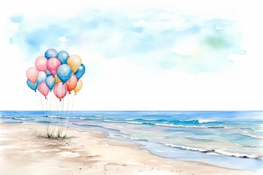Watercolor, Illustrate a tranquil beach setting with balloons gently floating over the water. clipart, hd, on a white background, spaced out