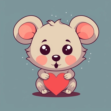 Create a clipart image of a cute cartoon-style animal holding a heart. The animal can be any type, such as a bear, rabbit, or fox, and should have large, expressive eyes and a friendly demeanor. The heart should be a bright, bold color, such as red, pink, or purple, and should be large enough to be easily visible. The background of the image should be a solid color, such as white or a pastel shade, and there should be some subtle shading or texture to give the image depth and dimension. The clip