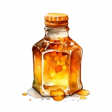 watercolor, A honey bottle with a label featuring a honeycomb pattern, highlighting the origin and authenticity of the golden honey inside. (Digital drawing clipart, image black border color, full body, flat texture, transparent background)