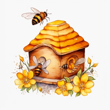 Watercolor honey bee house clipart, on white background, HD