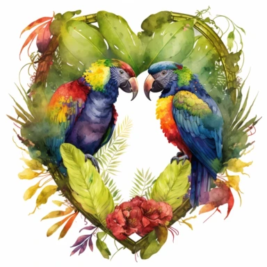 two parrots in a jungle heart frame, watercolor clipart, detailed, splashed, HD