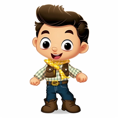 a cute little boy dressed for a brazilian junina party, with jeans, cowboy boots, long-sleeved plaid shirt, happy, Monica's gang style, Graphics Maurício de Sousa, on white background, big eyes, clipart, cartoon, inkley studio, smiling,