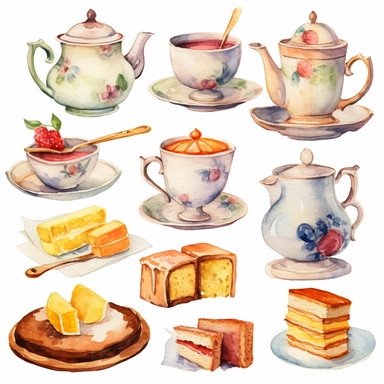 Watercolor vintage tea party items, illustrations clipart set, simple, soft colors, cartoon elements, different variants, teapot, sugar bowl, jug of milk, egg sandwich, stacked china plates, sişde plate, slop bowl, , lemonade glass, cake fork, tongs, china cup and saucer, ,napkin, knife,fork,jam, tea cups, stacked teacups, lemon dish, ,, tea jars ,knie, fork, spoon, butter, ,silver , napkin,separate elements with a margin