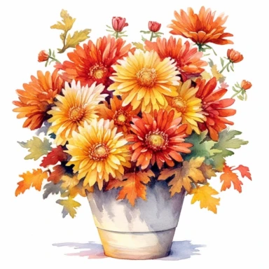 watercolour mums flowers in a potter, clipart, autumn colours, cluster of flowers, red, orange, yellow, white background, spaced out