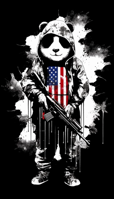 Panda dressed as a graffiti artist in vombat clothes holding a gun black and white, silhouette of American flag background, minimalist clip art by Mr. Brainwash