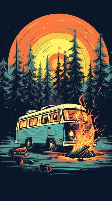 clip art, vector, colourful , camping, outdoors, camp fire , van life