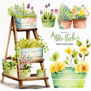 Watercolor Spring Planters Clipart - springtime cute planter boxes and garden ladders