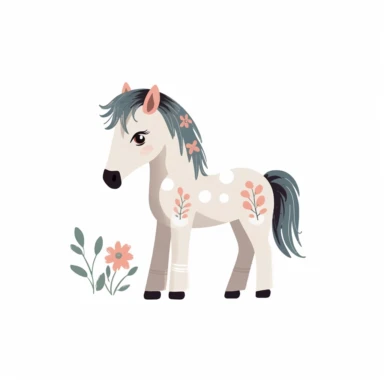 a baby horse clipart with illustration, full body shot ,8k, style of Bohemian, style of Anna Süßbauer and Jon Klassen,vector, Vector, white background,Solid Background, Sharpness and clarity, masterpiece, trending on Artstation and Dribbble.