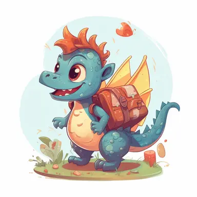 Characters Cute baby dragon with backpack on his back going to school on school background, kids style, 2D, vector, good quality, Pixar children's book illustration, vector, cartoon character, hand drawn, clip art