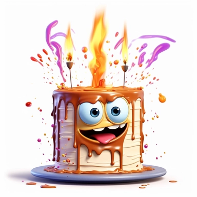 clipart of a messy two layer birthday cake, there is a funny face in the cake, candles, cartoon, for kids, funny, pixar, 8k, white background, sharp focus, detailed,