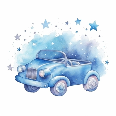cute watercolor newborn soft blue baby playing toy car, stars on the background, watercolor effect, isolated white background, babyshower clipart, soft blue tones