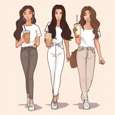 Clipart of three bestfriends, cute, girlfriends, walking side by side, facing backward, each with a different long hairstyle, wearing fitted white tshirts and white sneakers, holding up iced coffees, happy, isolated on a transparent background