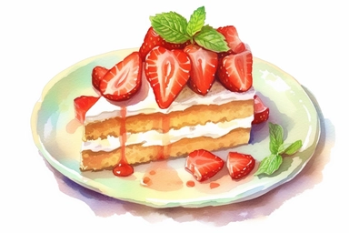 picturesque,a bright simple strawberry sponge cake on dish in family restaurant, mint, clipart on white background, watercolor style,detailing, high quality, painted by Beatrix Potter, 8k
