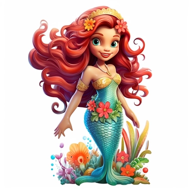 A beautiful smiling mermaid, highly detailed, long hair, beautiful flowers and coral, highly detailed tail, full body image, pixar style, clipart