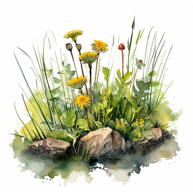 watercolor art of grass tuft with dandelions, bees, mushrooms, in the style of realistic and hyper-detailed renderings, sketchfab, ahmed morsi, realistic watercolor paintings, use of common materials, handcrafted designs clipart yellow and green with background removed