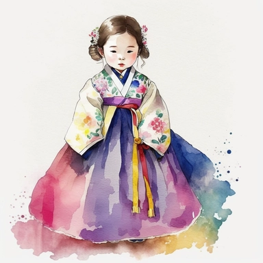 a cute little girl is wearing Korea traditional dress Hanbok. watercolor clipart, the skirt layers are designed to create a full and flowing silhouette, rainbow color jacket, The jacket worn by women in the royal family has long sleeves that are wide and 