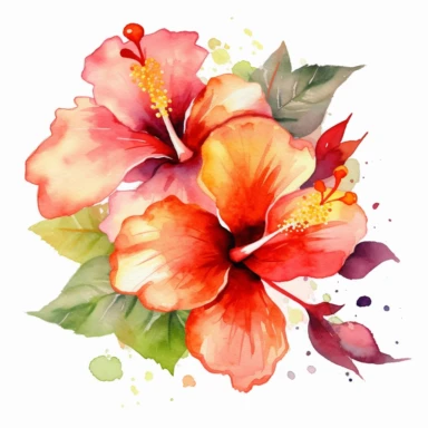 Watercolor Tropical Hibiscus Clipart by Thomas W. Schallerof: A vibrant and exotic design featuring tropical hibiscus flowers in shades of pink, orange, and red on a white background. The flowers are different-size and bold, while the leaves are thick and tropical, creating a lively and festive composition