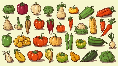 vegetables vector clipart vector vegetables cute collection, in the style of #screenshotsaturday, flat areas of color, flat color blocks, 1970–present, rough-edged 2d animation, lightbox, colorful animation stills