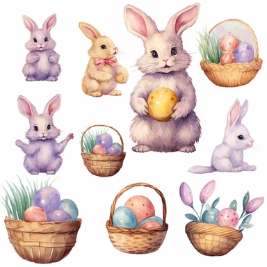 Watercolor easter eggs, illustrations clipart set, simple, soft colors, cartoon elements, different variants, easter elements, jumping bunnies, sitting bunnies ,rabbits, cute little girl, easter eggs in basket, separate elements with a margin