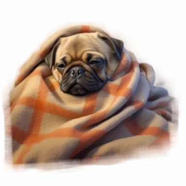 pug sleeping, wrapped in a blanket, digital painting and drawing, clipart, full body, hyper - realistic animal illustration, childlike, free brushwork, white background