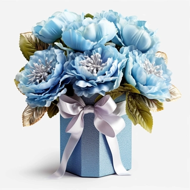 Watercolour realistic pastel blue iridescent glitter peonies in flower bouquet box with delicate ribbon bow wrapped around it intricately realistically detailed pastel blue peonies, PNG image,transparent background ,ultra highly detailed, 18k, sharp focus, bright photo with vibrant colours, digitally enhanced,photographic, enhanced graphics, png format, straight, sharp focus, bright lighting, intricate detailed png image ,high definition,300dpi,graphic clipart,computer graphics