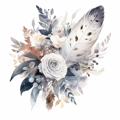 Watercolor dusty greay and white feathers bouquet clipart white background no text wedding style thick outline eligible for transparent background