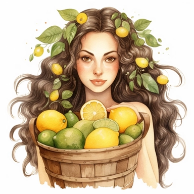 a hyper realistic watercolor clipart illustration of a girl with a black very realistc hair skin with a basket with lemons light green warm yellow and light brown pastel colors appliques, watercolorist, high resolution, isolated on a white background, in the style of kathrin longhurst, pastel light colors, black outline around drawing, spaced out, real hair, vector