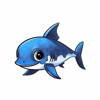 Realistic baby cute shark clipart, simple, blue, black, isolated on white background, 2D, cartoon style, jouicy color, 4k